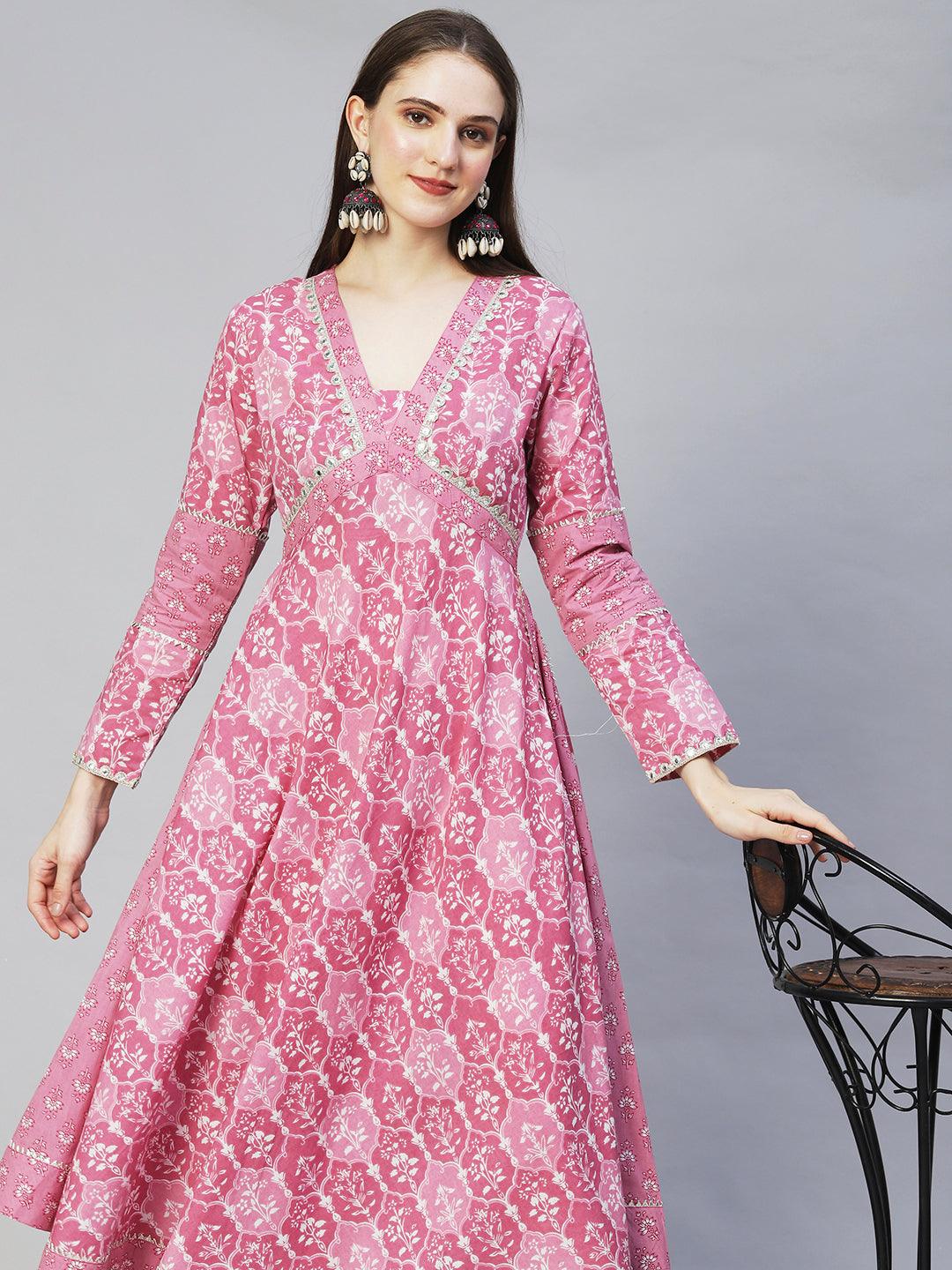 Ethnic Printed & Embroidered Flared Midi Dress - Light Mauve - Indiakreations