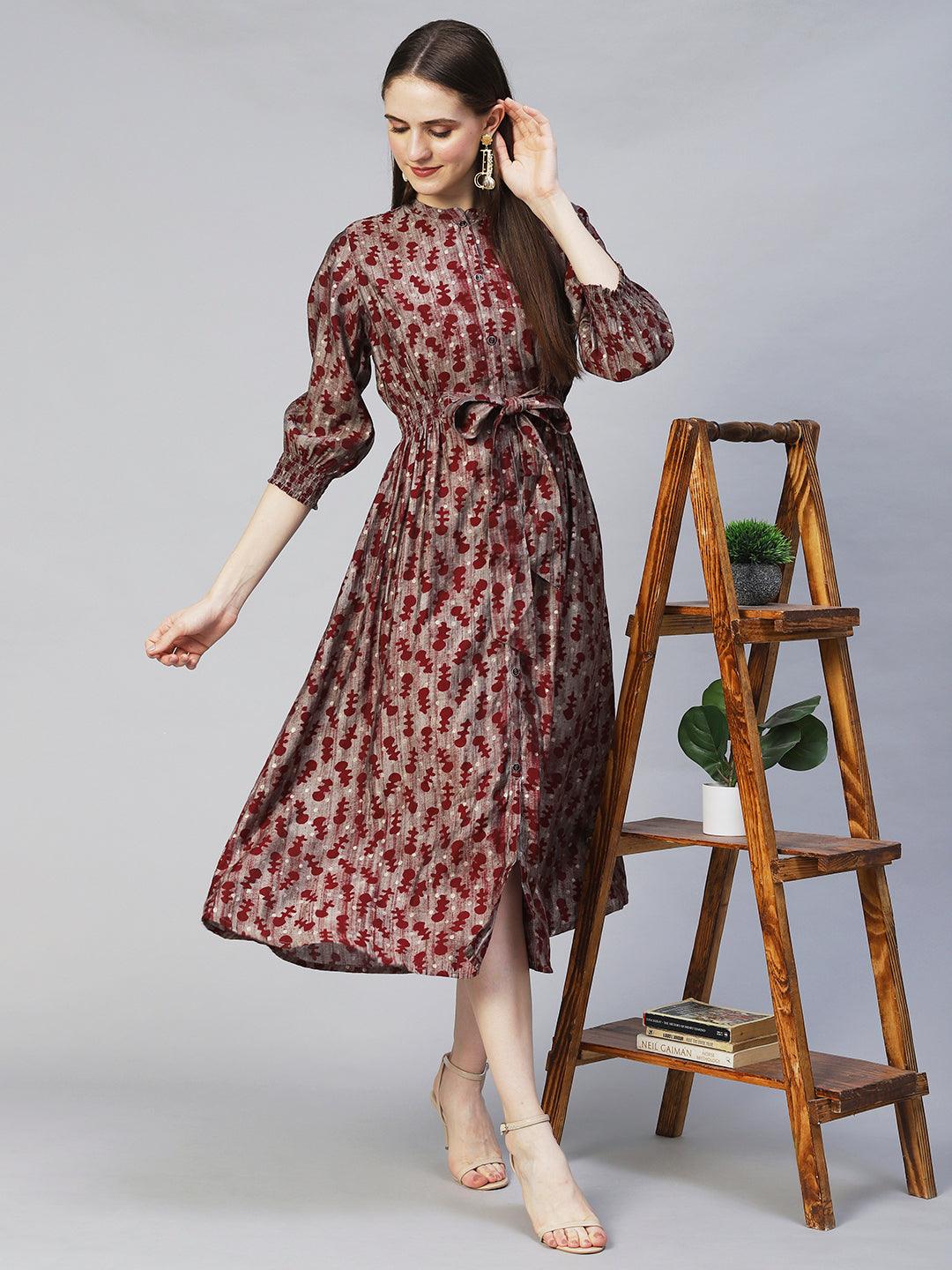 Ethnic Printed A-Line Midi Dress - Taupe - Indiakreations