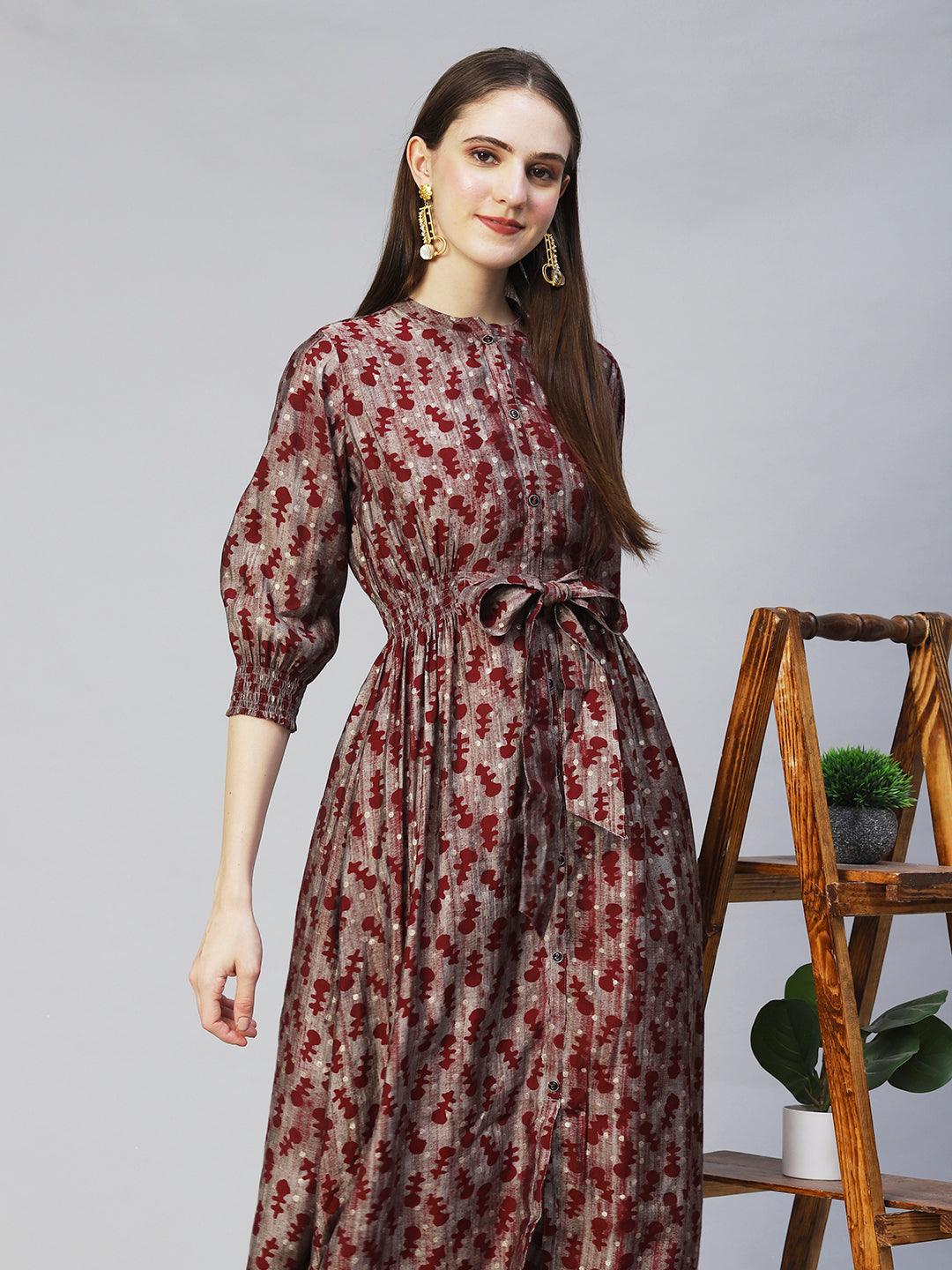 Ethnic Printed A-Line Midi Dress - Taupe - Indiakreations