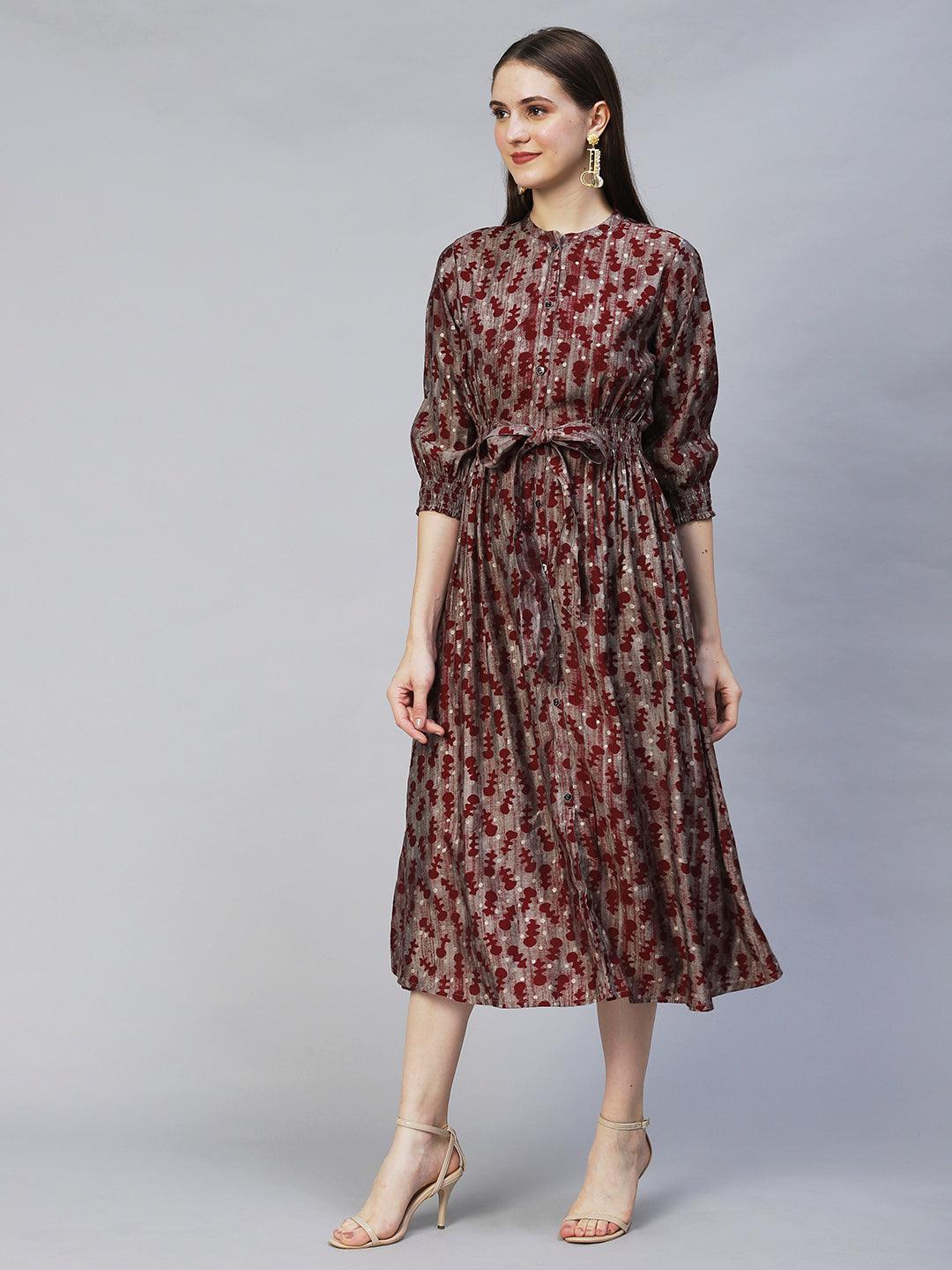 Ethnic Printed A-Line Midi Dress - Taupe - Indiakreations