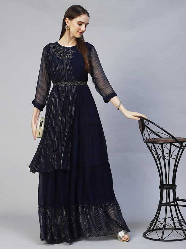 Floral Hand Embroidered Tiered Flared Maxi Dress - Navy Blue - Indiakreations