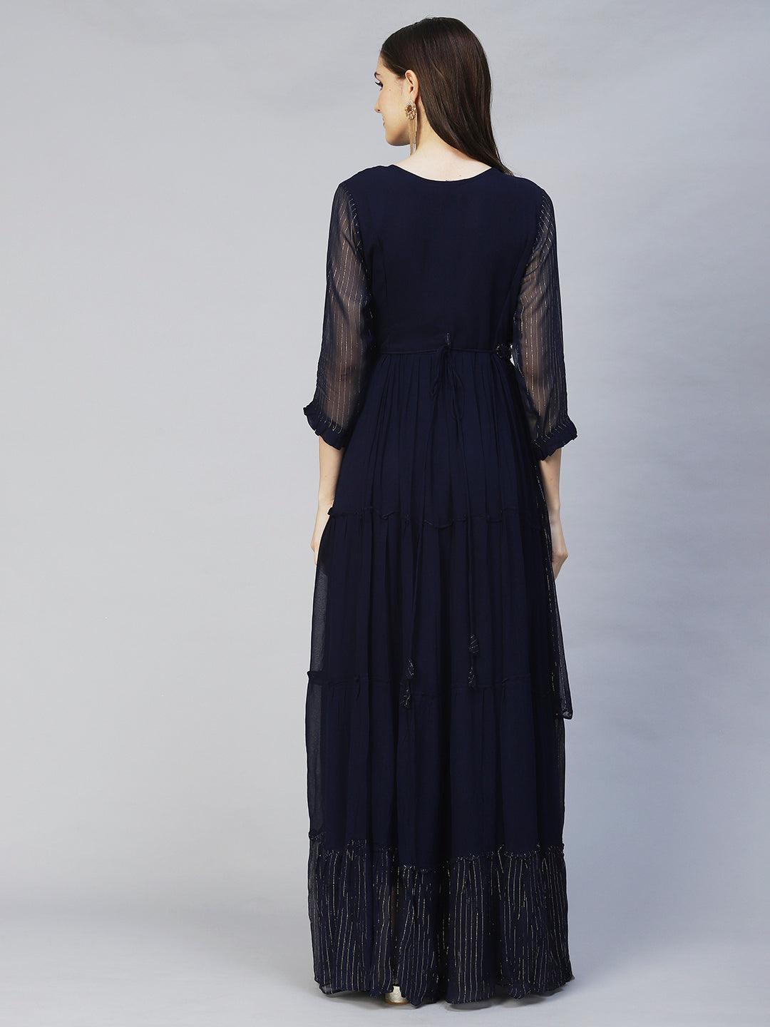 Floral Hand Embroidered Tiered Flared Maxi Dress - Navy Blue - Indiakreations