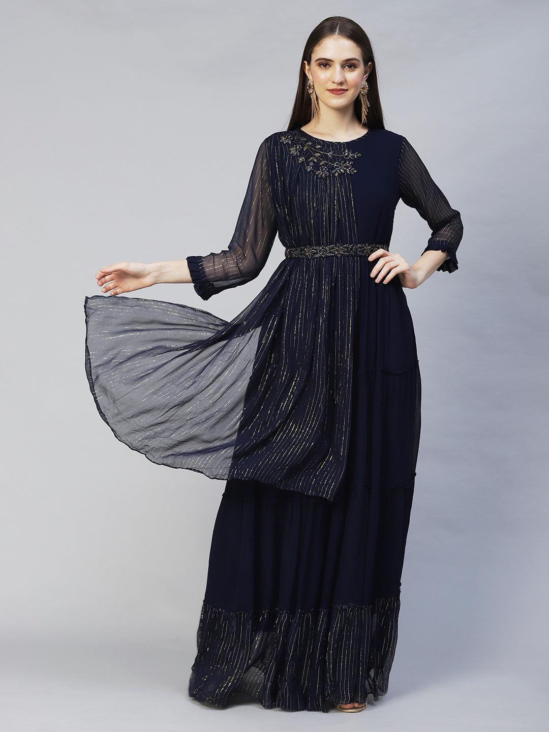 Floral Hand Embroidered Tiered Flared Maxi Dress - Navy Blue - Indiakreations