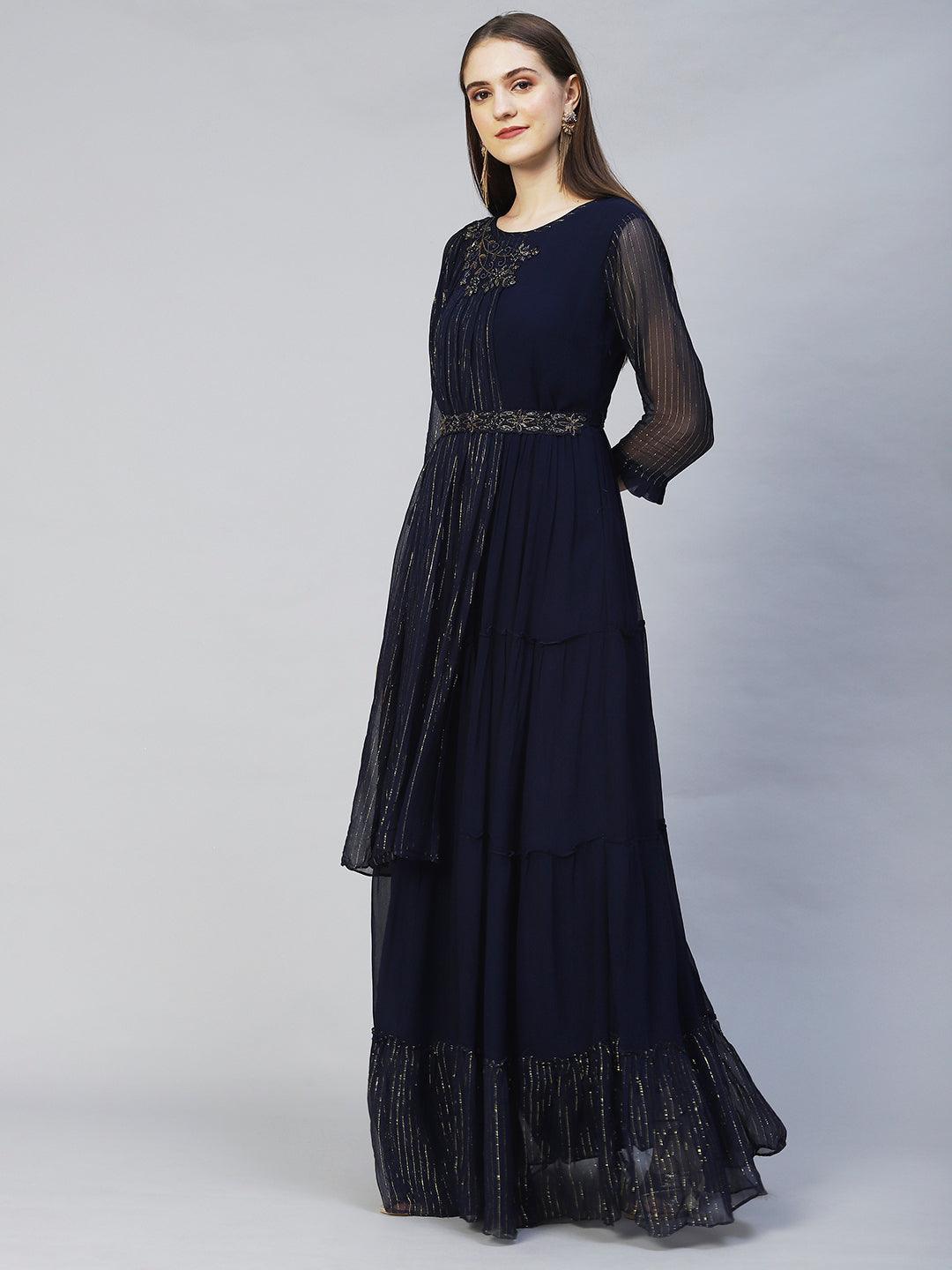 Floral Hand Embroidered Tiered Flared Maxi Dress - Navy Blue - Indiakreations