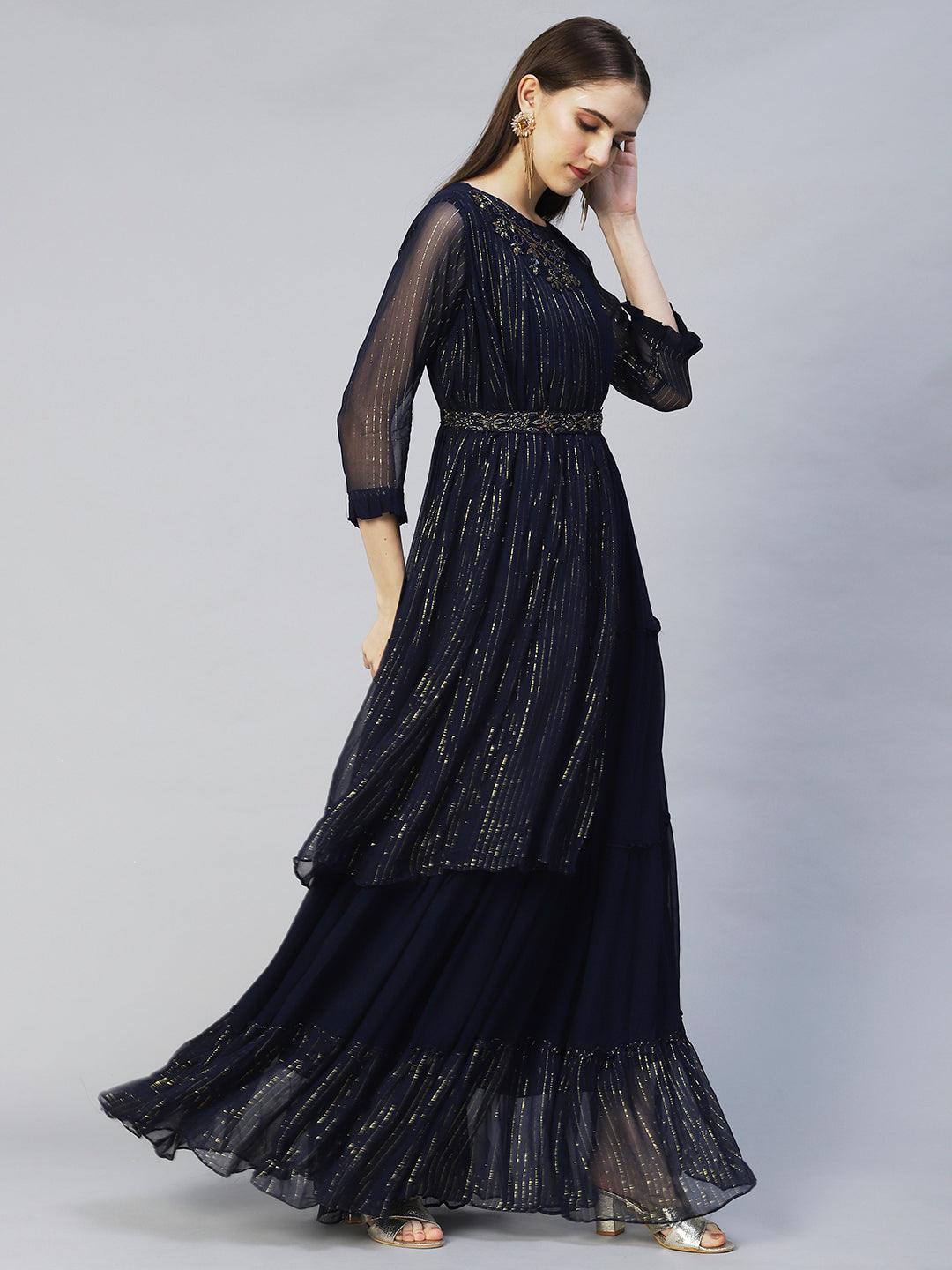 Floral Hand Embroidered Tiered Flared Maxi Dress - Navy Blue - Indiakreations