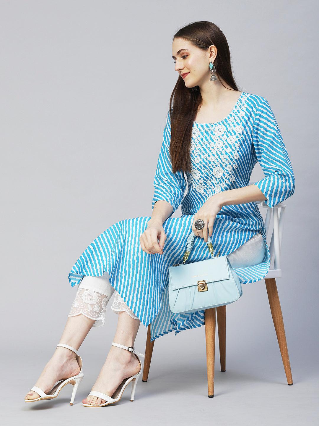 Leheriya Printed & Chikankari Embroidered Straight Fit Kurta – Blue - Indiakreations