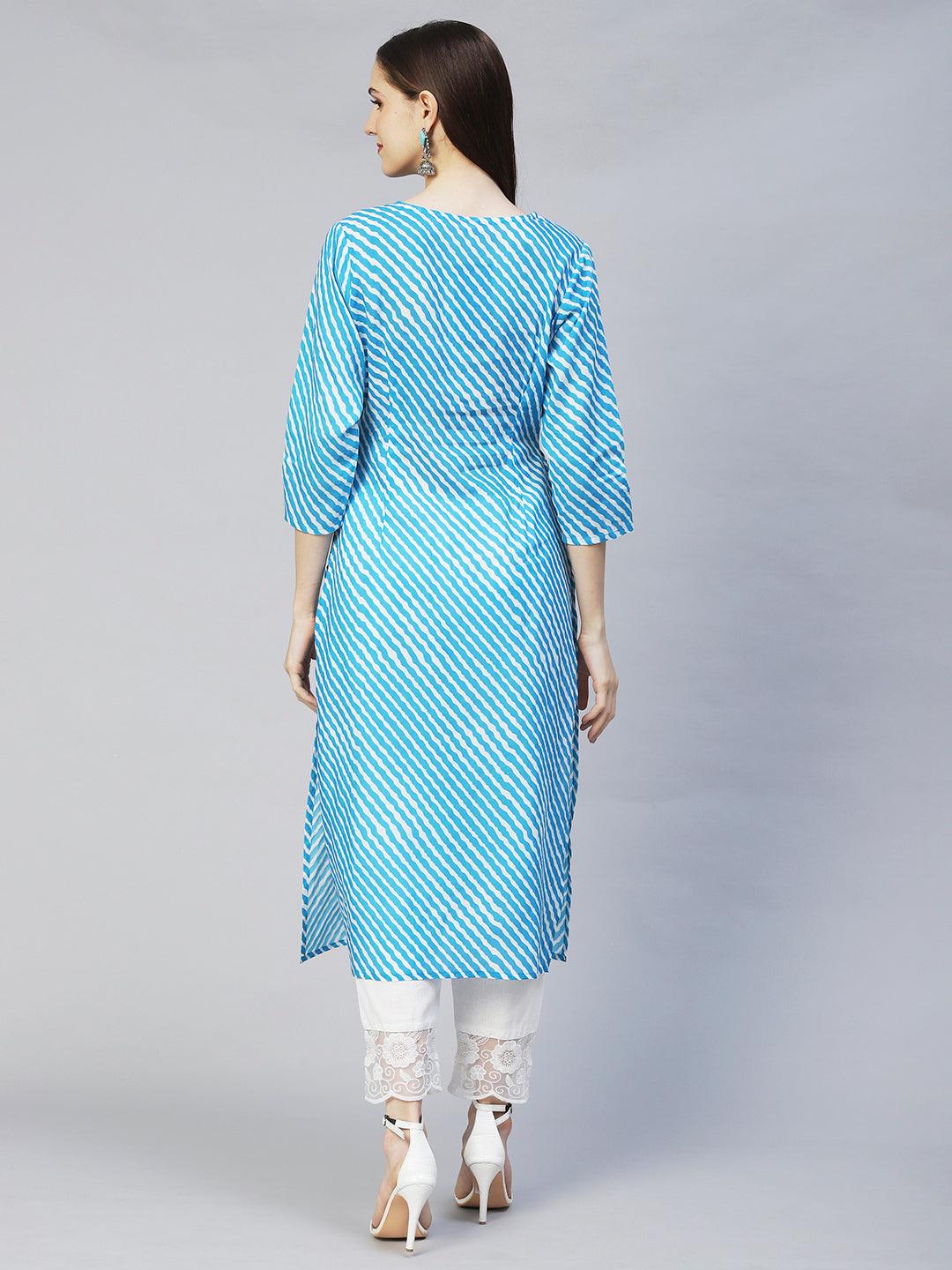 Leheriya Printed & Chikankari Embroidered Straight Fit Kurta – Blue - Indiakreations