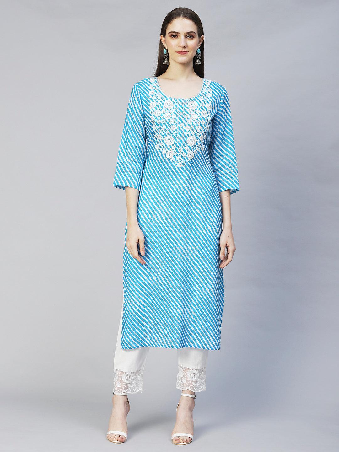 Leheriya Printed & Chikankari Embroidered Straight Fit Kurta – Blue - Indiakreations