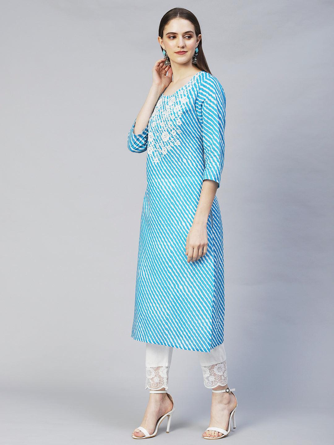 Leheriya Printed & Chikankari Embroidered Straight Fit Kurta – Blue - Indiakreations