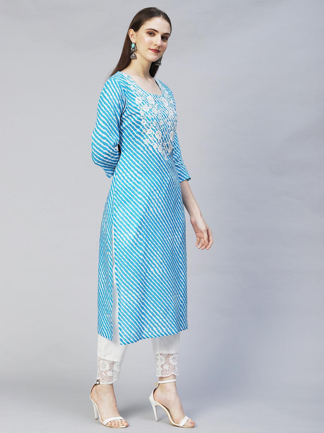 Leheriya Printed & Chikankari Embroidered Straight Fit Kurta – Blue - Indiakreations