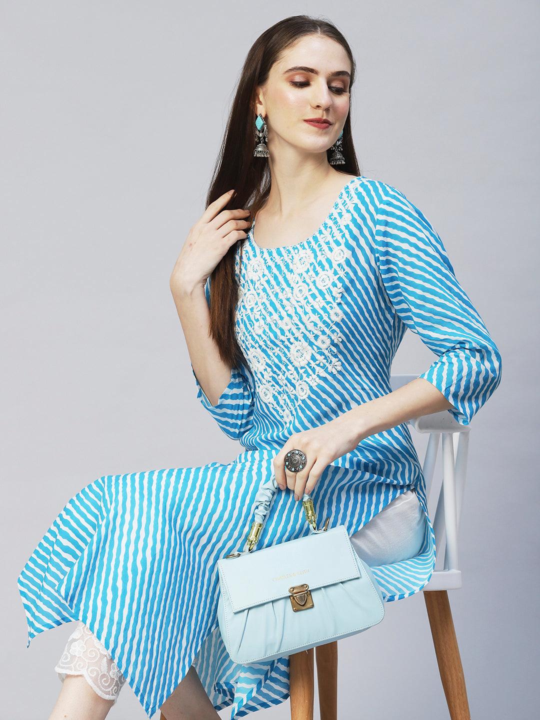 Leheriya Printed & Chikankari Embroidered Straight Fit Kurta – Blue - Indiakreations