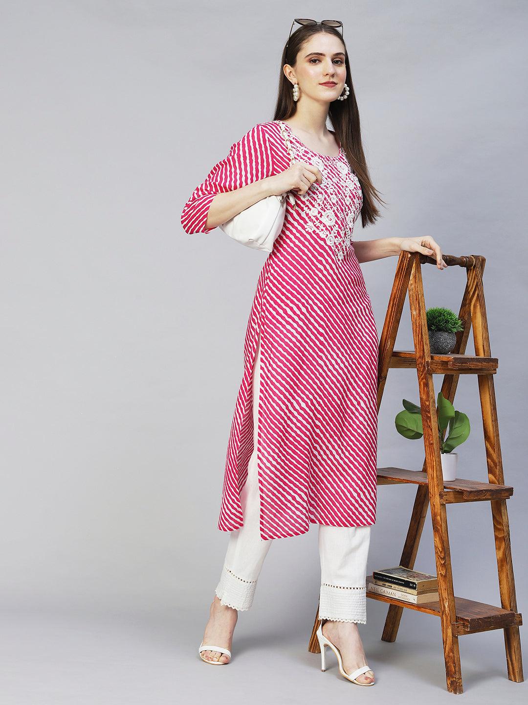 Leheriya Printed & Chikankari Embroidered Straight Fit Kurta – Rani Pink - Indiakreations