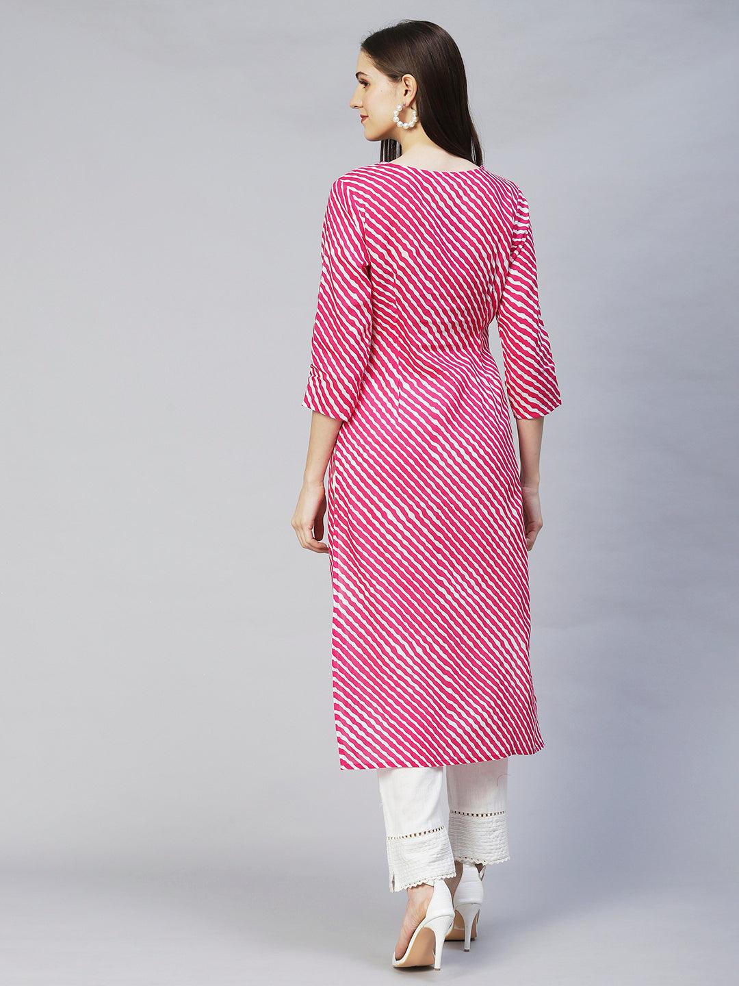 Leheriya Printed & Chikankari Embroidered Straight Fit Kurta – Rani Pink - Indiakreations