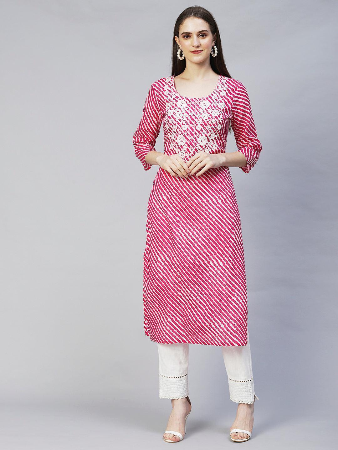 Leheriya Printed & Chikankari Embroidered Straight Fit Kurta – Rani Pink - Indiakreations