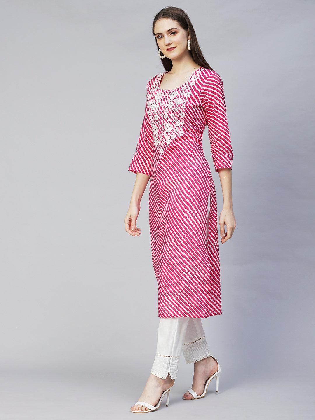 Leheriya Printed & Chikankari Embroidered Straight Fit Kurta – Rani Pink - Indiakreations