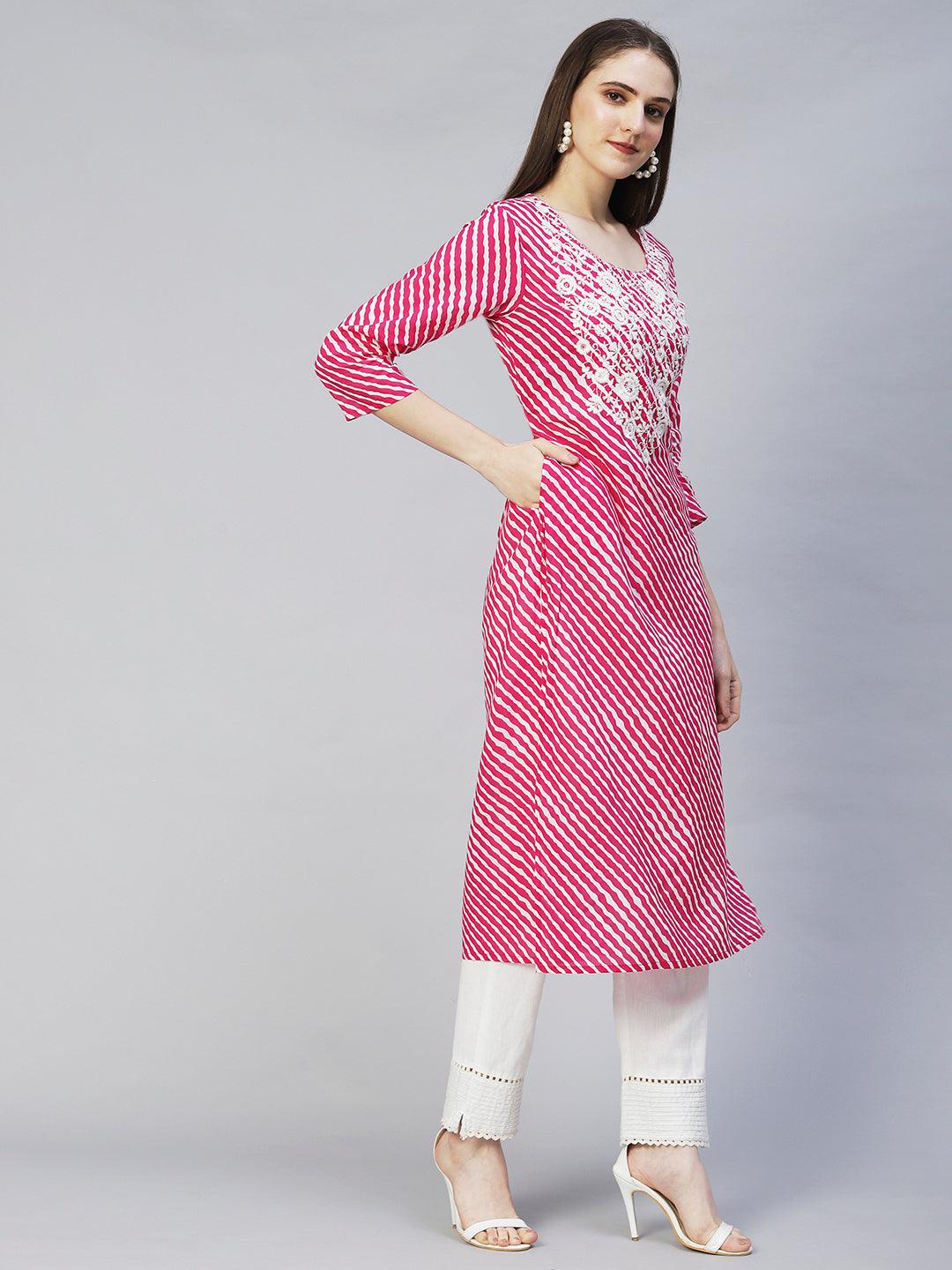 Leheriya Printed & Chikankari Embroidered Straight Fit Kurta – Rani Pink - Indiakreations