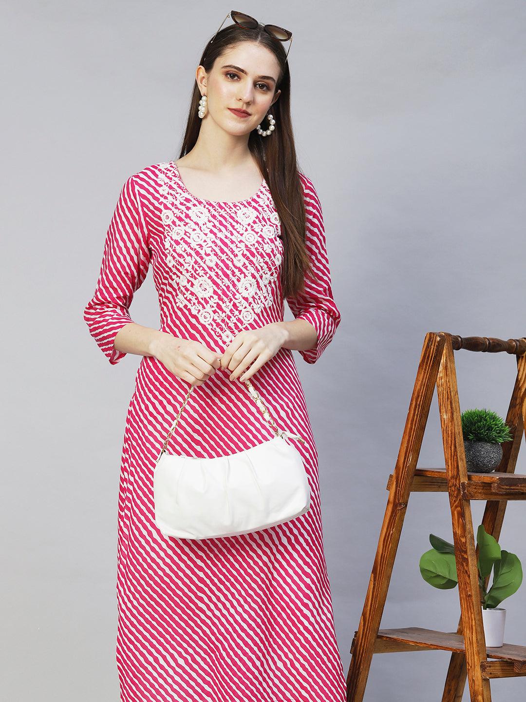 Leheriya Printed & Chikankari Embroidered Straight Fit Kurta – Rani Pink - Indiakreations