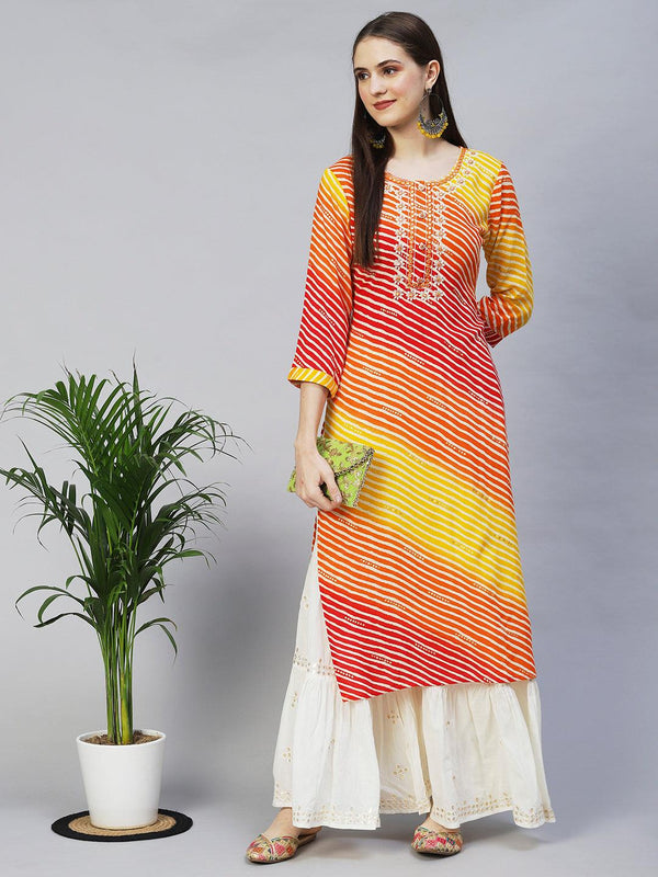 Leheriya Printed & Embroidered Straight Fit Kurta – Multi - Indiakreations