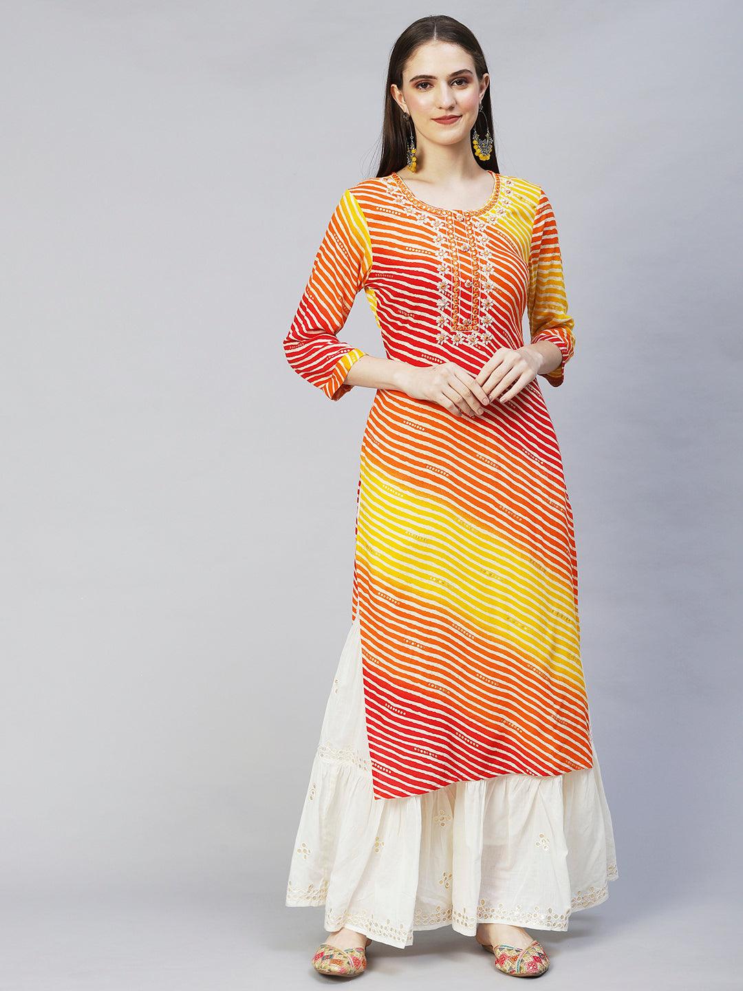 Leheriya Printed & Embroidered Straight Fit Kurta – Multi - Indiakreations