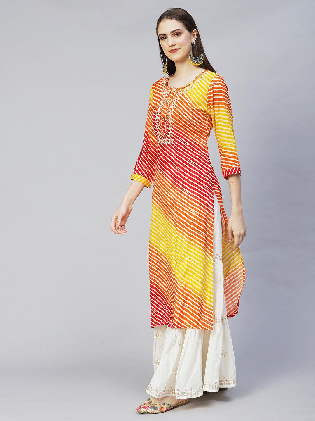 Leheriya Printed & Embroidered Straight Fit Kurta – Multi - Indiakreations