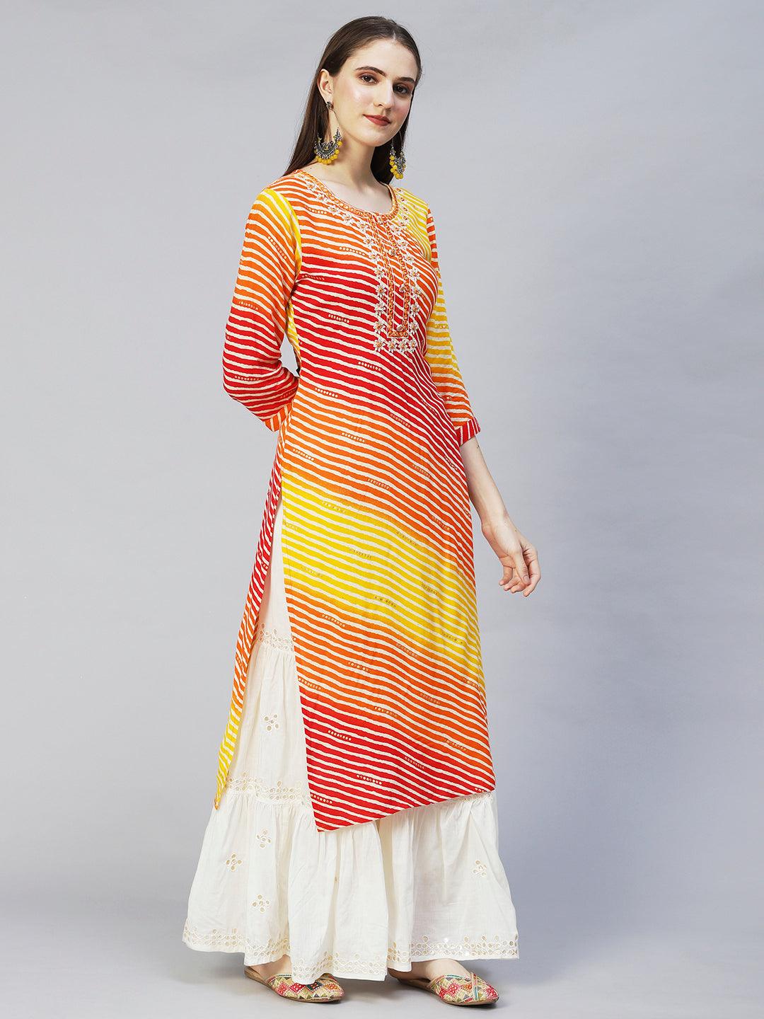 Leheriya Printed & Embroidered Straight Fit Kurta – Multi - Indiakreations