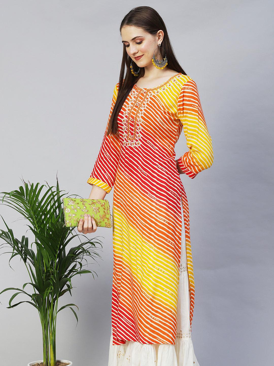 Leheriya Printed & Embroidered Straight Fit Kurta – Multi - Indiakreations