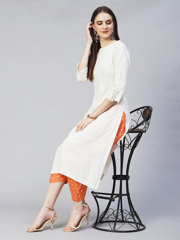 Ethnic Embroidered Straight Fit Kurta – Off White - Indiakreations