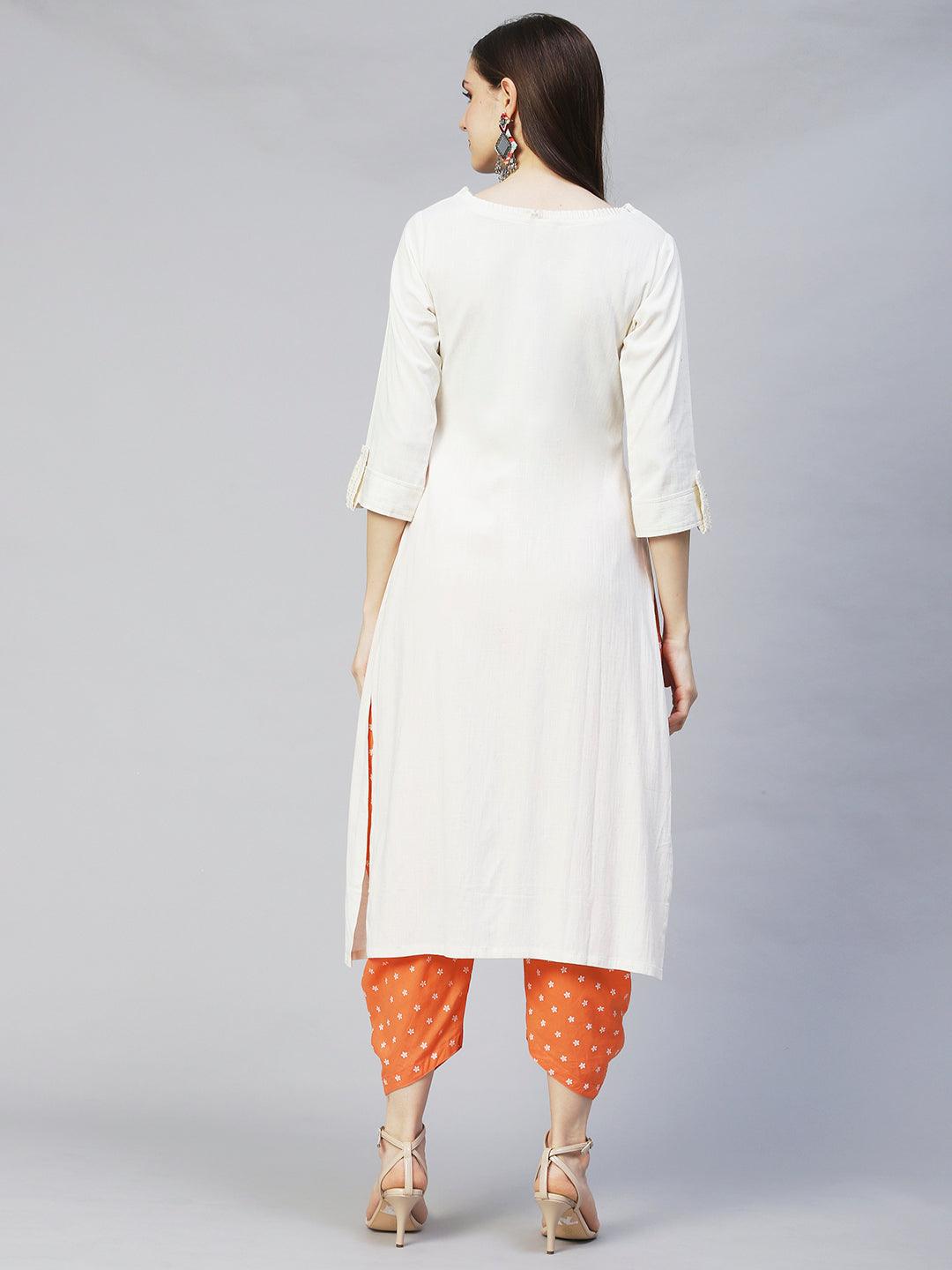 Ethnic Embroidered Straight Fit Kurta – Off White - Indiakreations