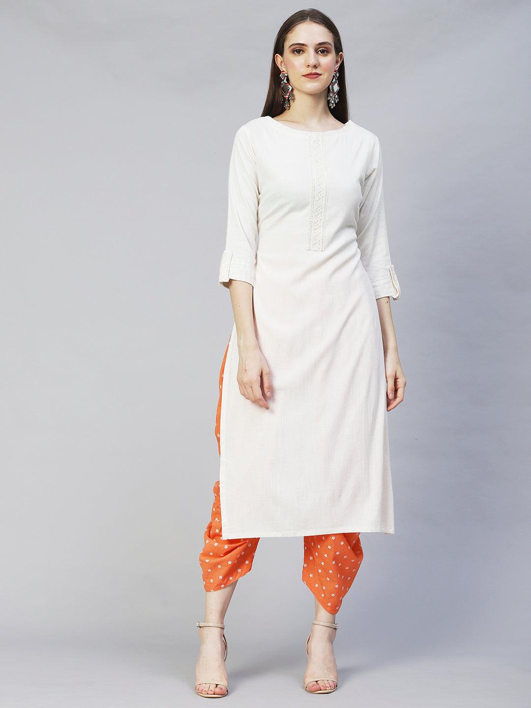 Ethnic Embroidered Straight Fit Kurta – Off White - Indiakreations