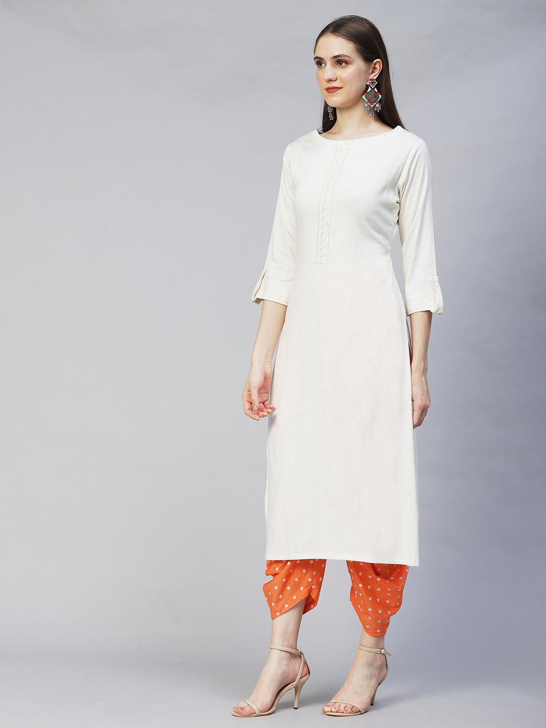 Ethnic Embroidered Straight Fit Kurta – Off White - Indiakreations