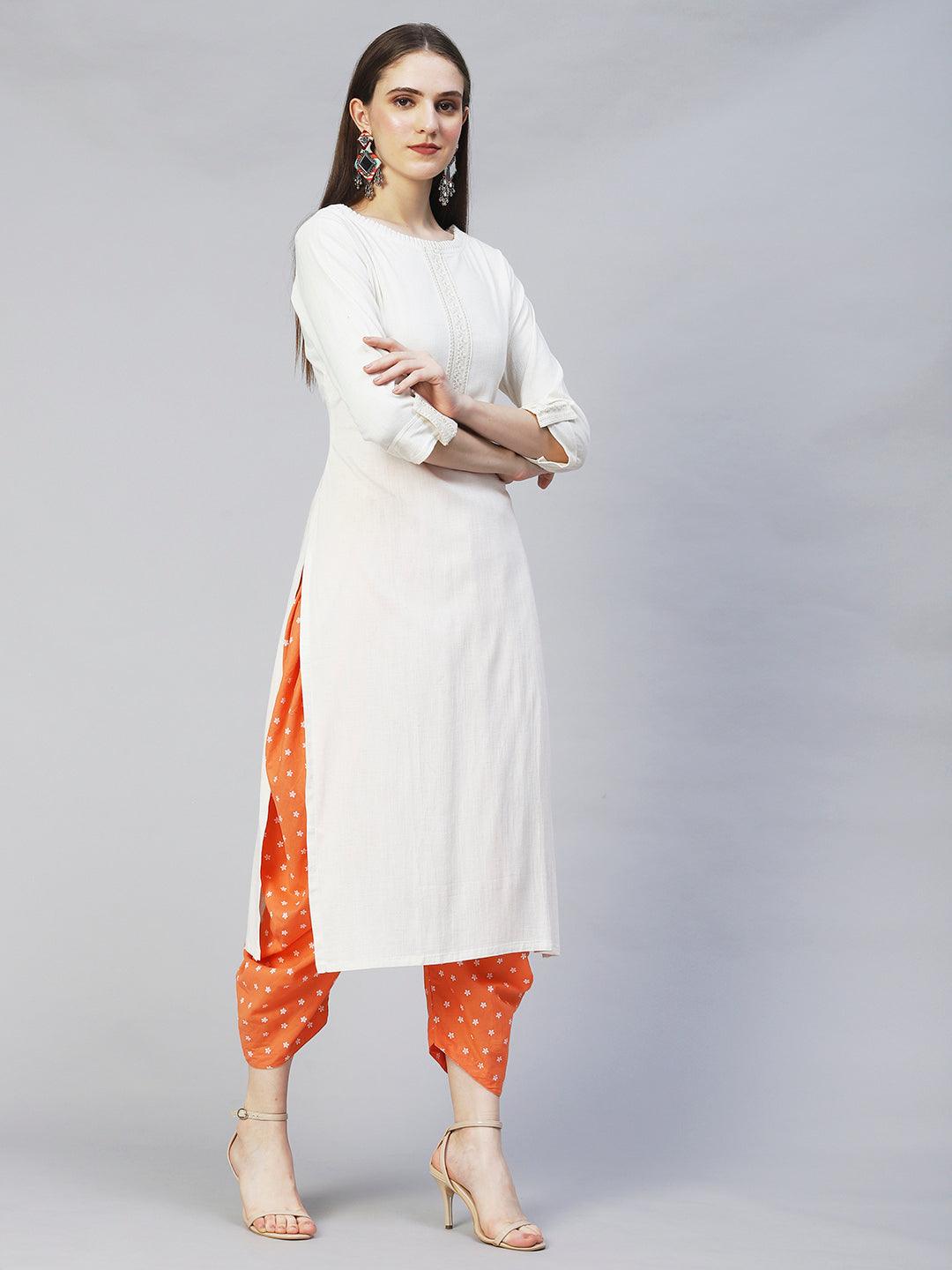 Ethnic Embroidered Straight Fit Kurta – Off White - Indiakreations