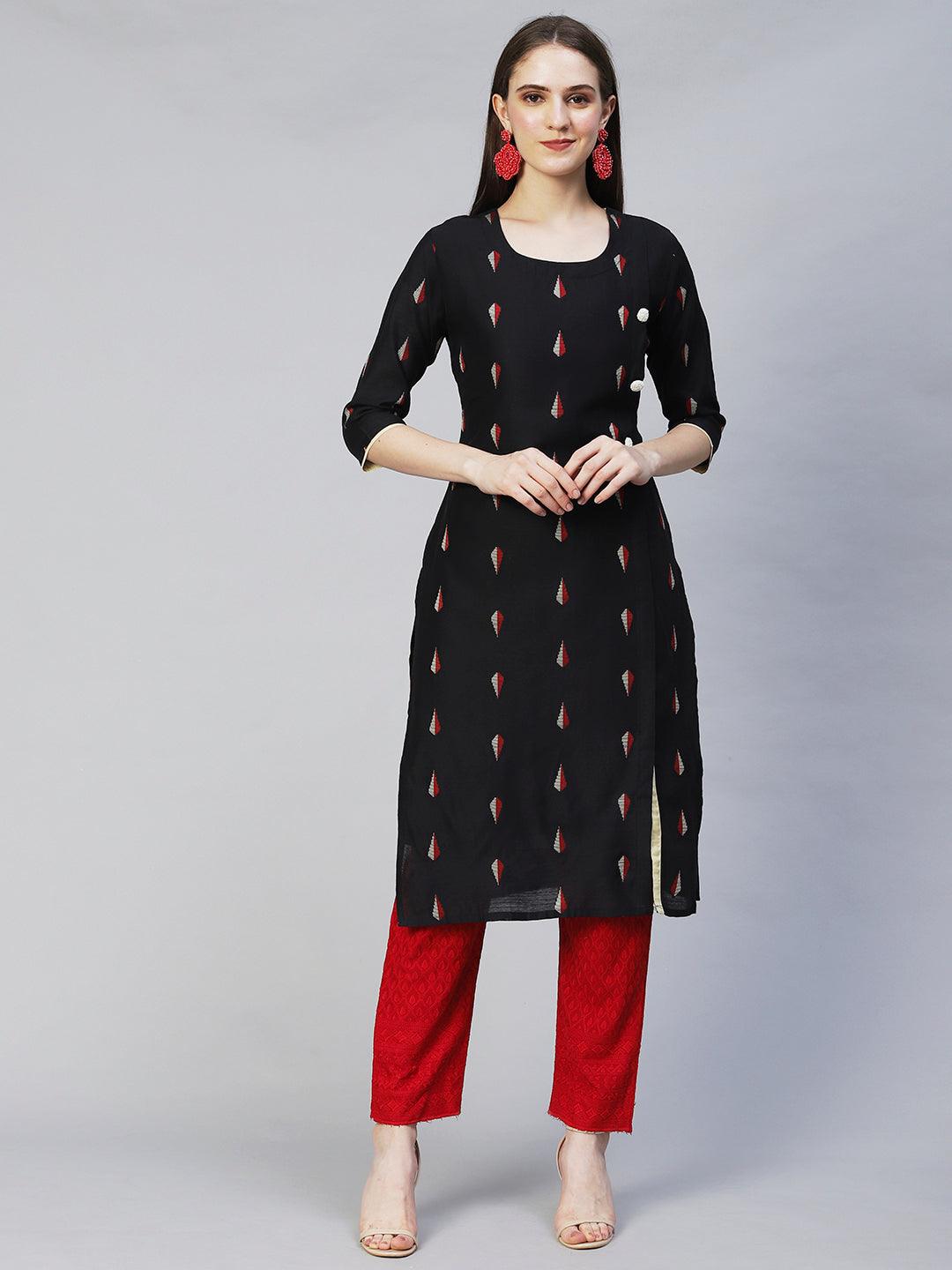 Ethnic Woven Straight Fit Kurta – Black - Indiakreations