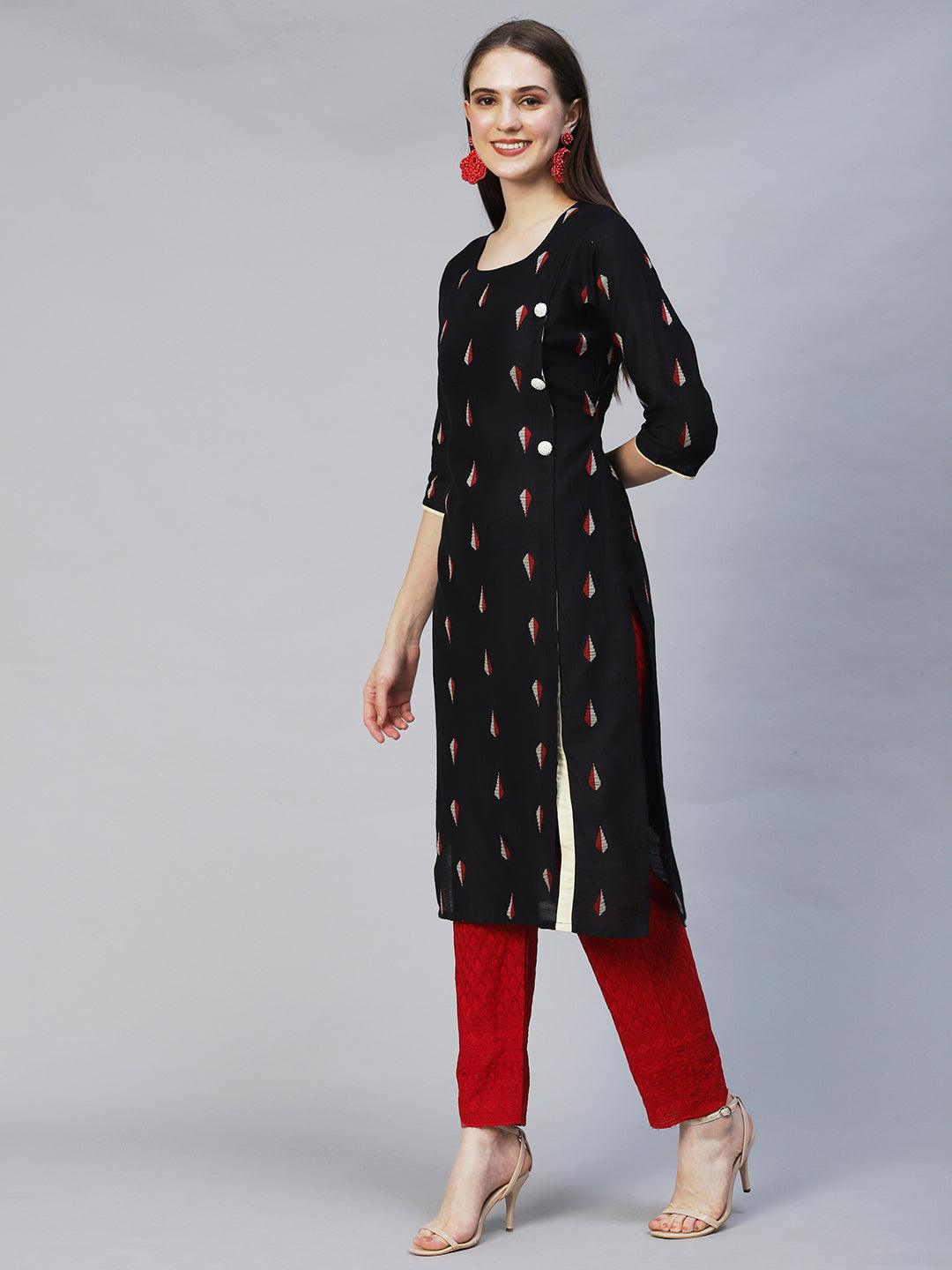 Ethnic Woven Straight Fit Kurta – Black - Indiakreations