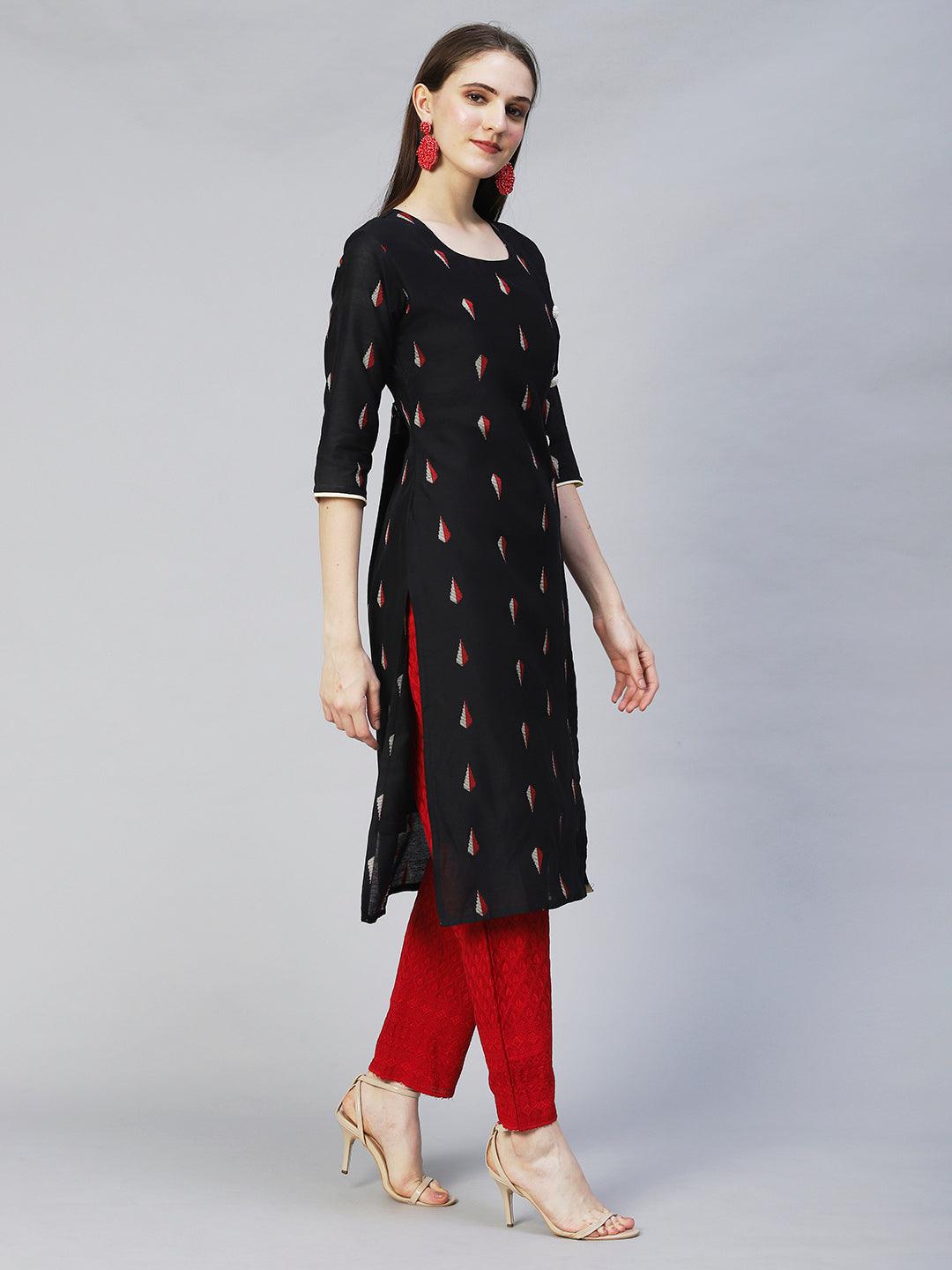 Ethnic Woven Straight Fit Kurta – Black - Indiakreations