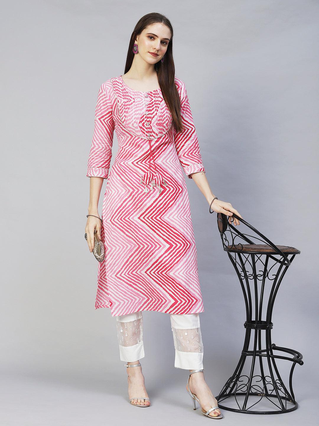 Leheriya Printed & Embroidered Straight Fit Kurta - Pink - Indiakreations