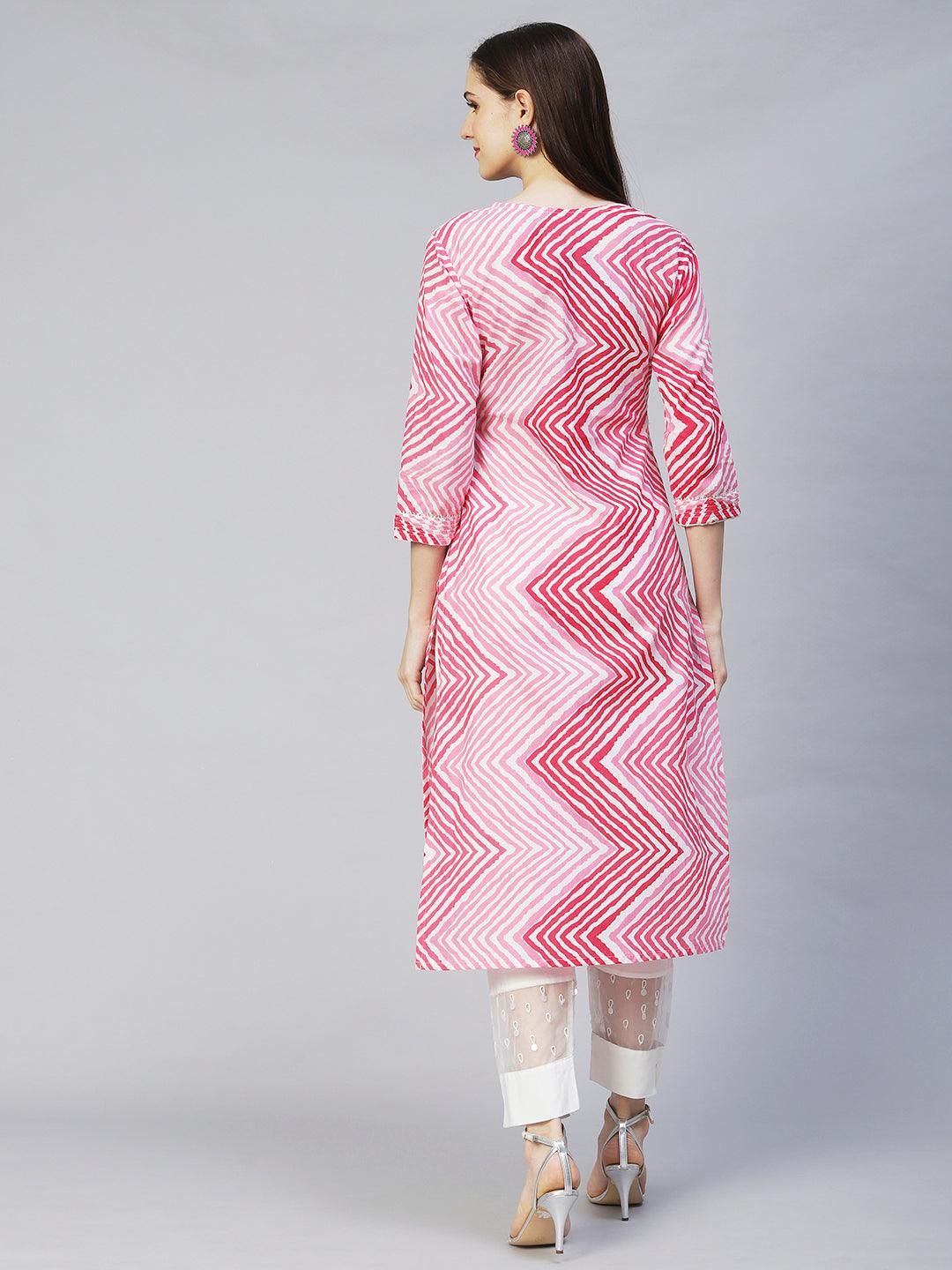 Leheriya Printed & Embroidered Straight Fit Kurta - Pink - Indiakreations