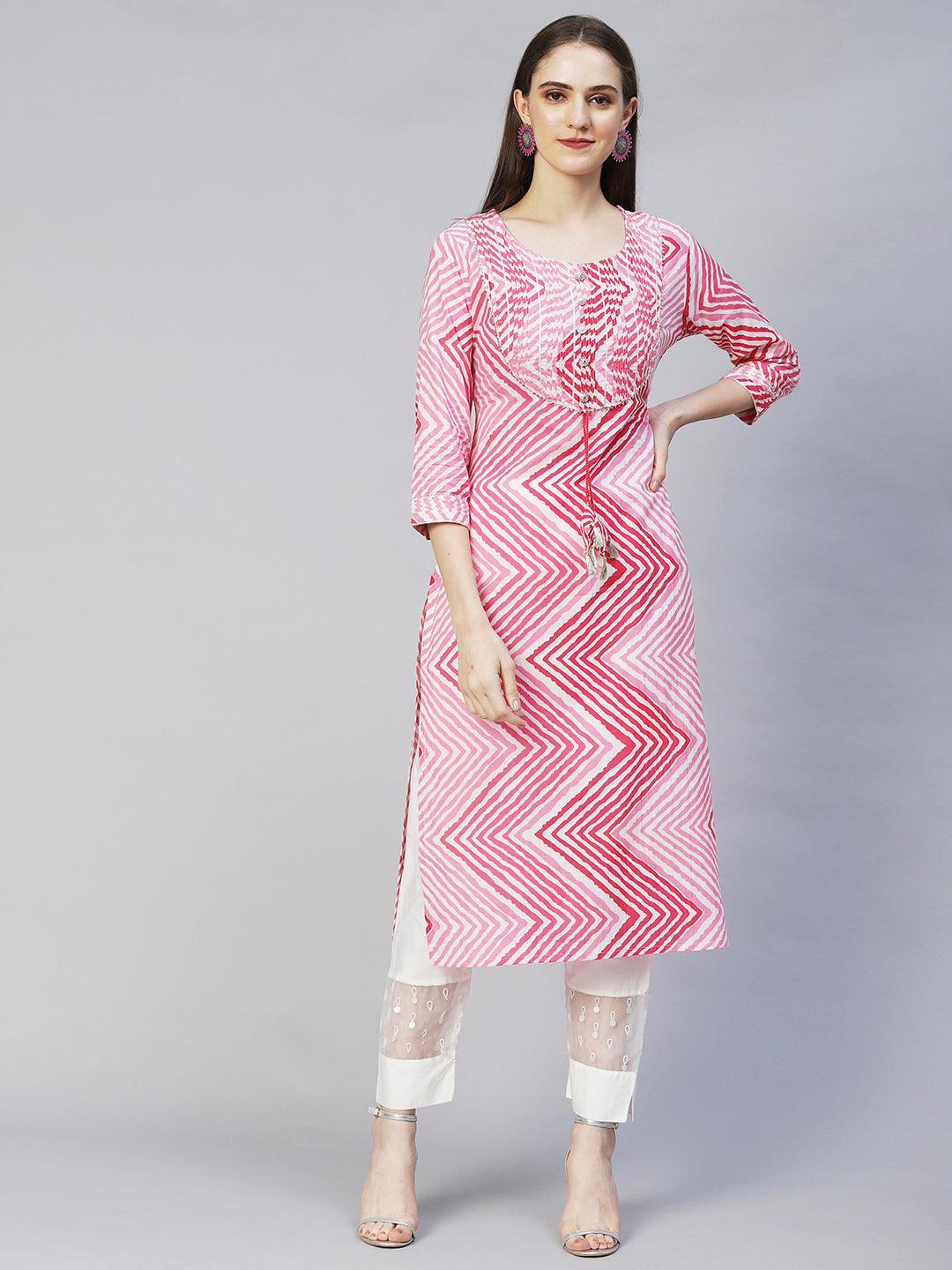 Leheriya Printed & Embroidered Straight Fit Kurta - Pink - Indiakreations