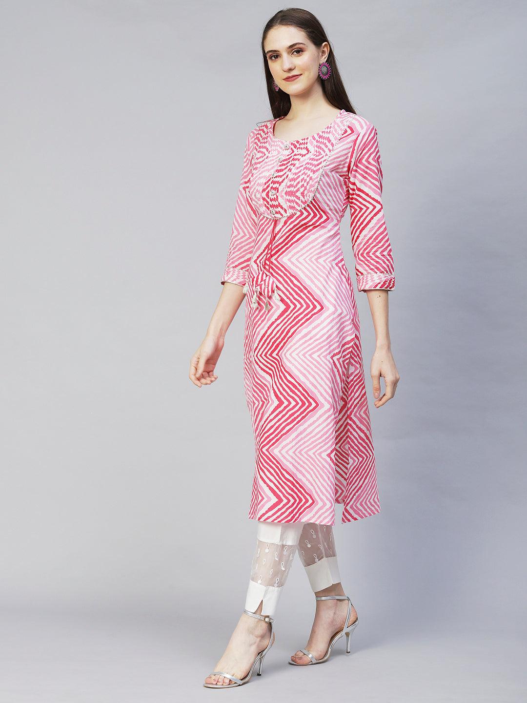 Leheriya Printed & Embroidered Straight Fit Kurta - Pink - Indiakreations