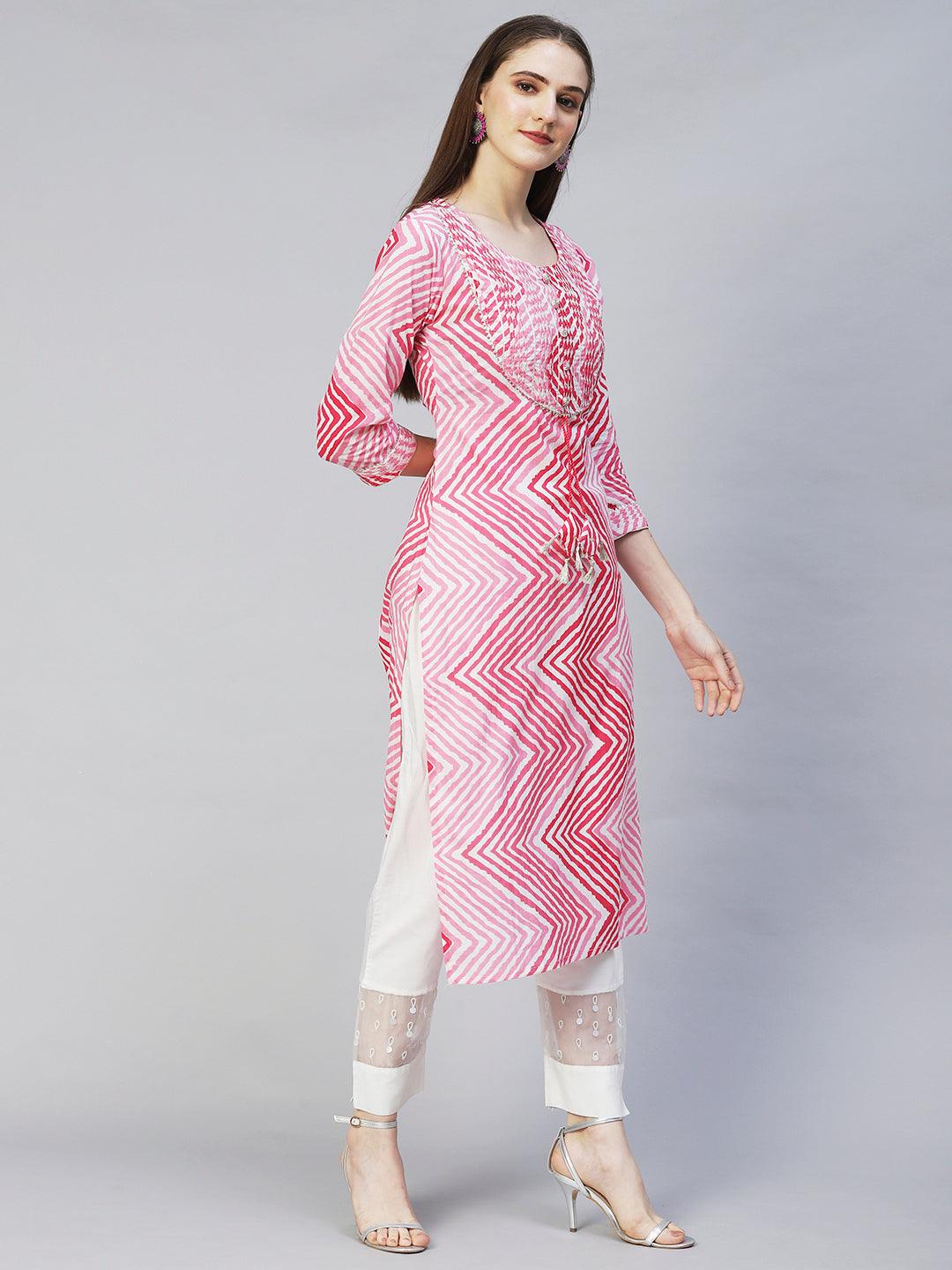 Leheriya Printed & Embroidered Straight Fit Kurta - Pink - Indiakreations