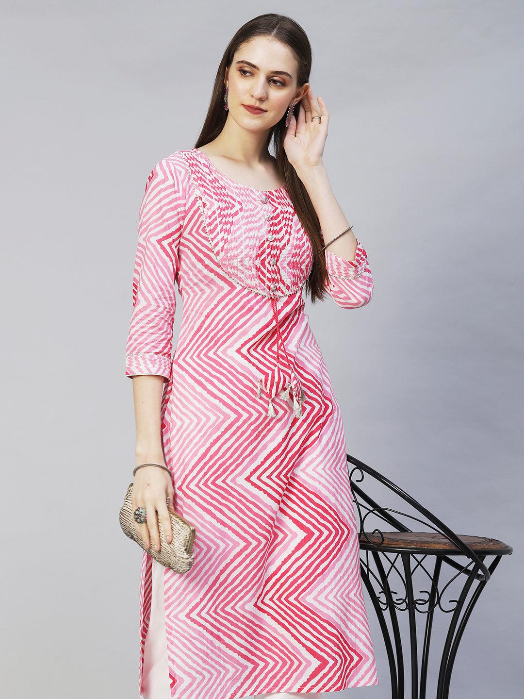 Leheriya Printed & Embroidered Straight Fit Kurta - Pink - Indiakreations