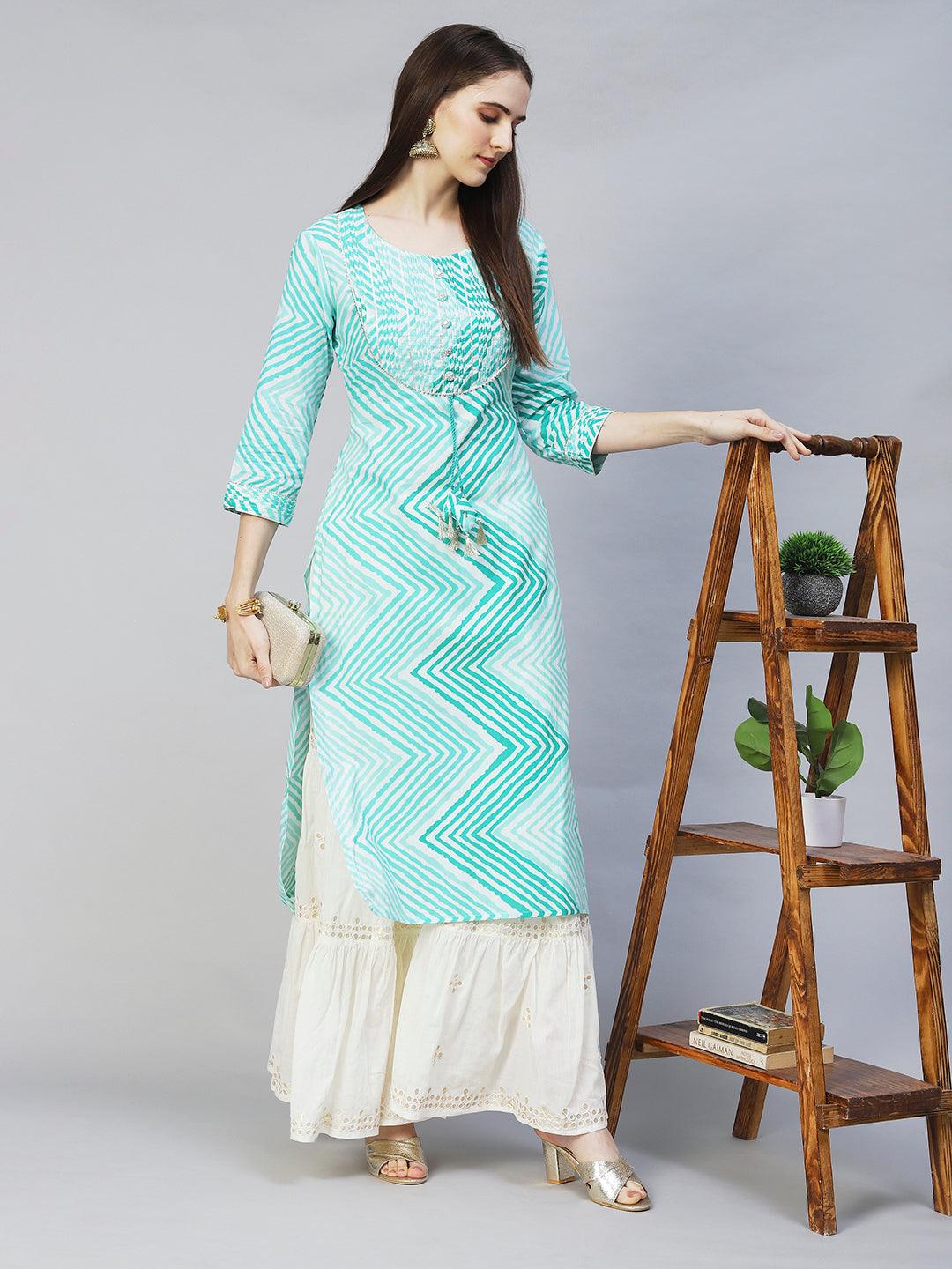 Leheriya Printed & Embroidered Straight Fit Kurta - Mint Green - Indiakreations