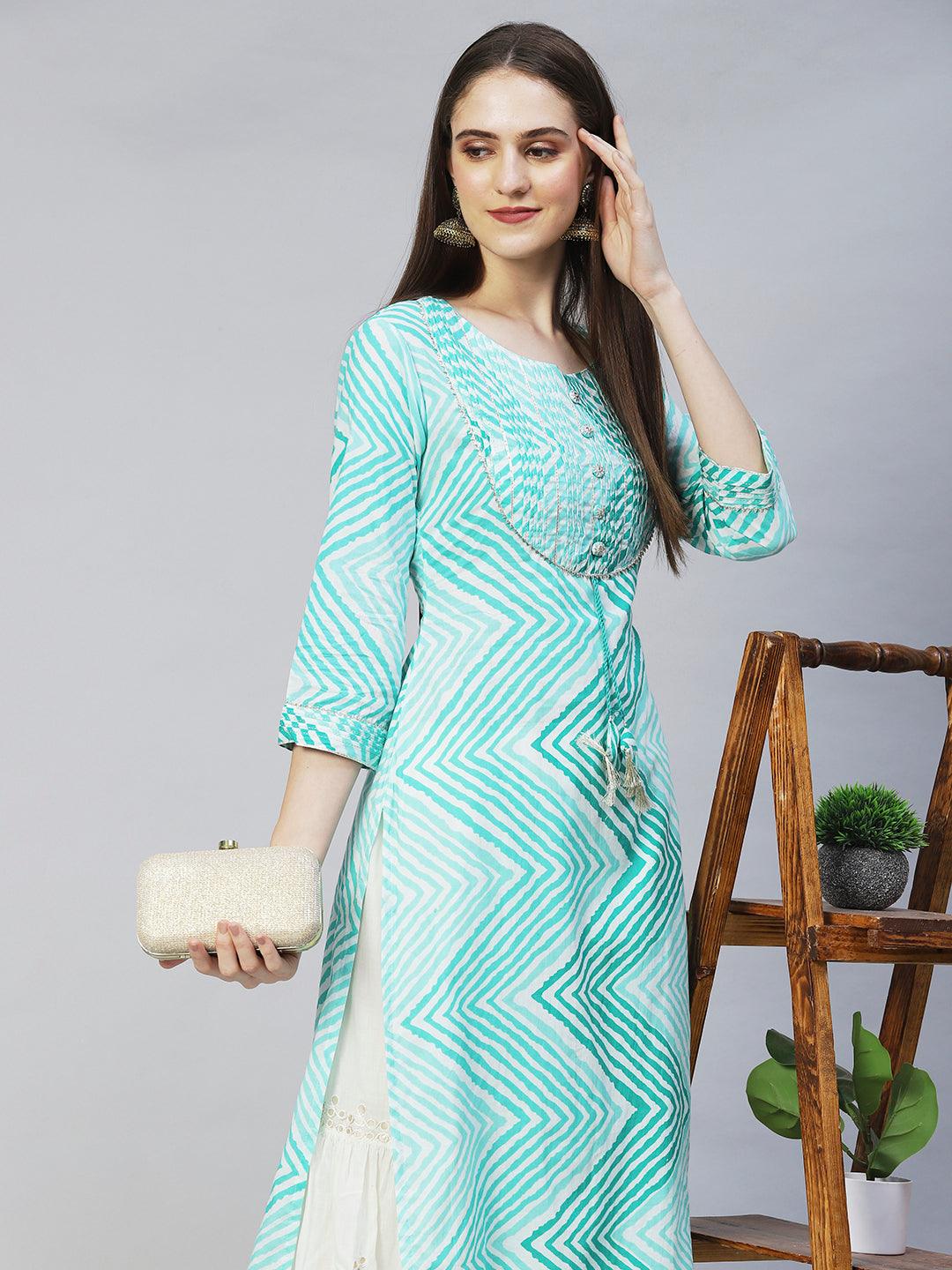 Leheriya Printed & Embroidered Straight Fit Kurta - Mint Green - Indiakreations