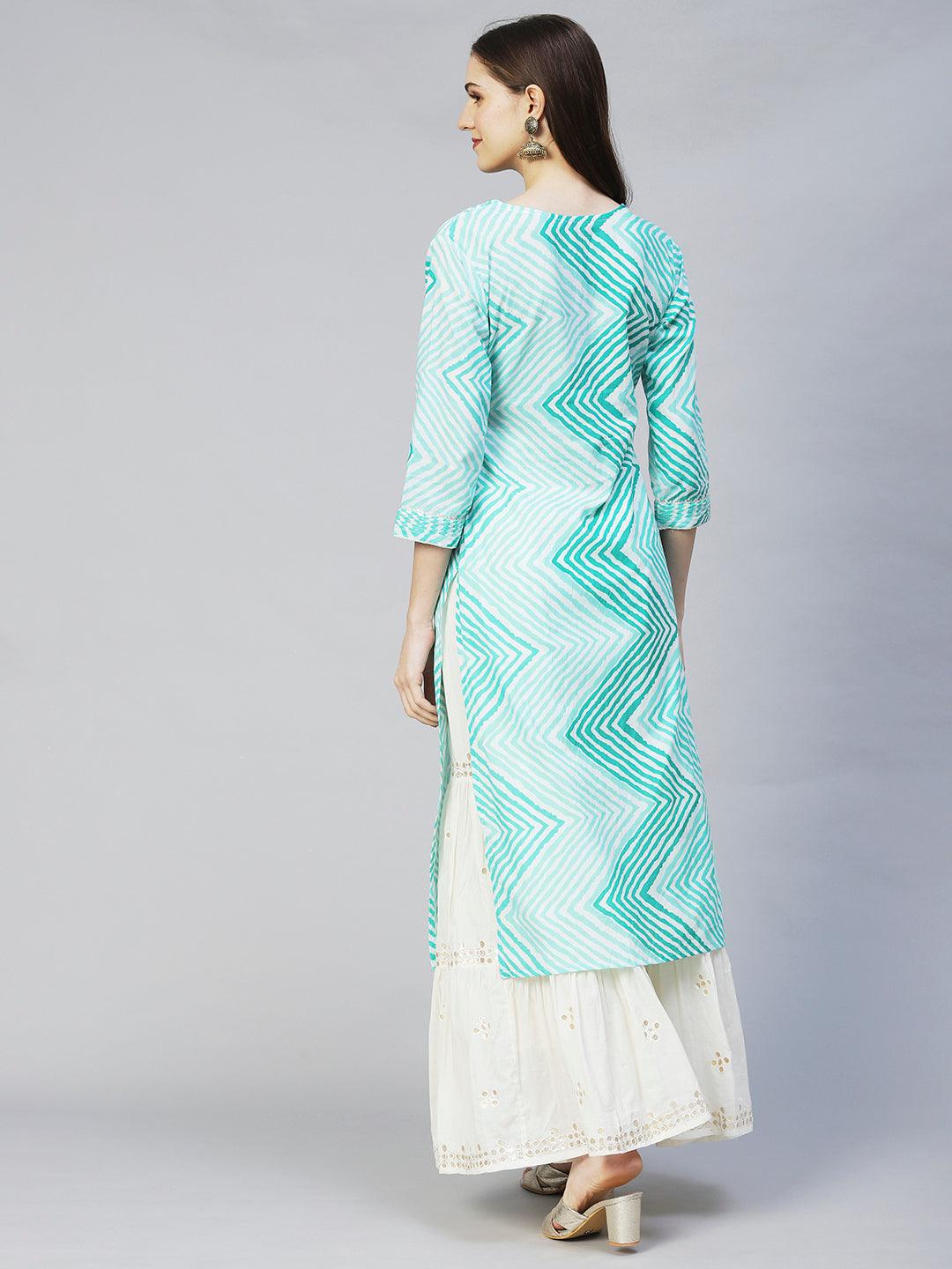 Leheriya Printed & Embroidered Straight Fit Kurta - Mint Green - Indiakreations