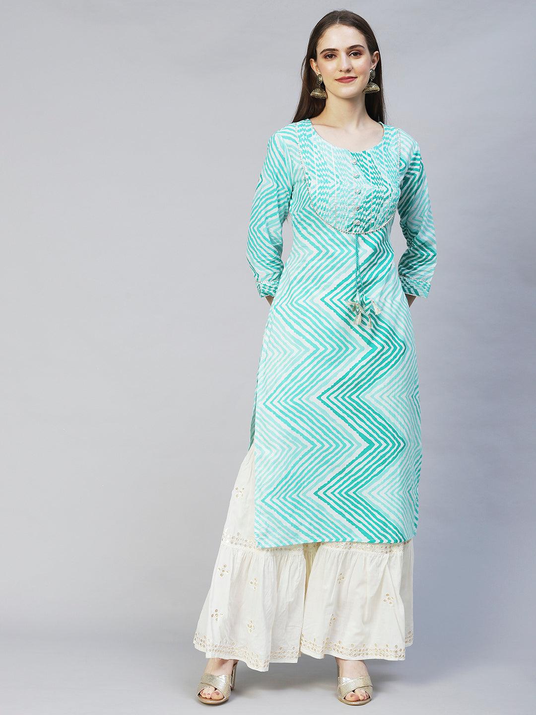 Leheriya Printed & Embroidered Straight Fit Kurta - Mint Green - Indiakreations