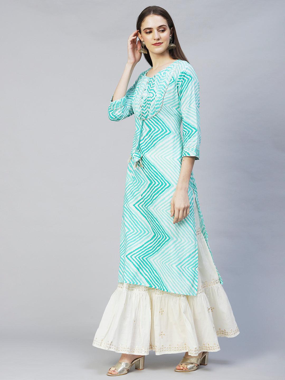 Leheriya Printed & Embroidered Straight Fit Kurta - Mint Green - Indiakreations