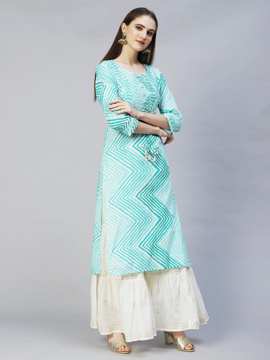 Leheriya Printed & Embroidered Straight Fit Kurta - Mint Green - Indiakreations