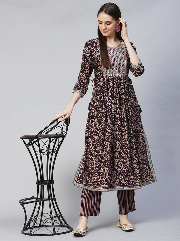 Ethnic Printed & Embroidered A-Line Kurta with Pants - Deep Wine - Indiakreations