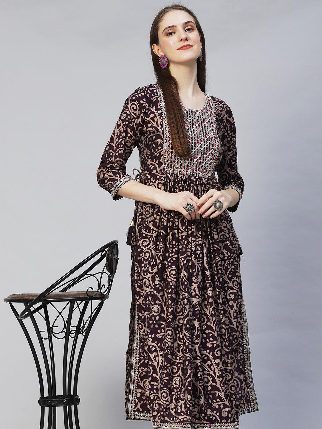 Ethnic Printed & Embroidered A-Line Kurta with Pants - Deep Wine - Indiakreations