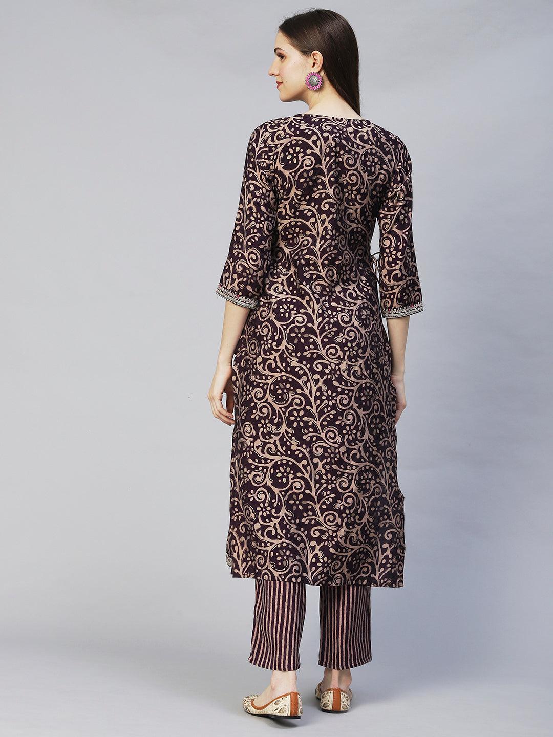 Ethnic Printed & Embroidered A-Line Kurta with Pants - Deep Wine - Indiakreations