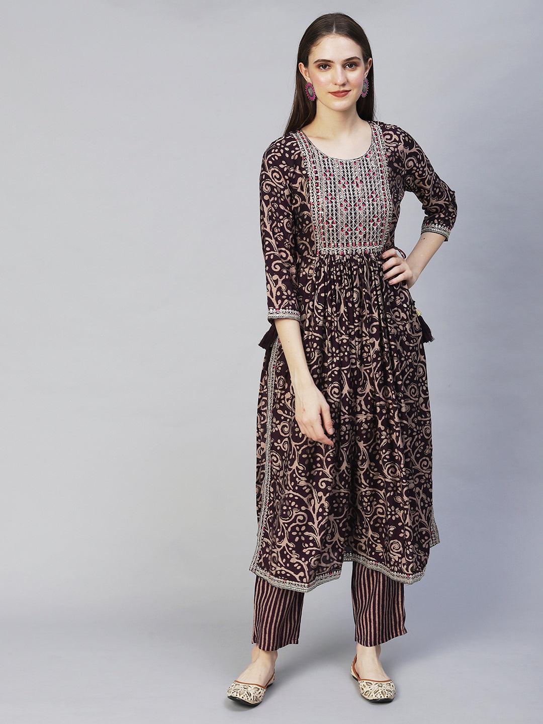 Ethnic Printed & Embroidered A-Line Kurta with Pants - Deep Wine - Indiakreations